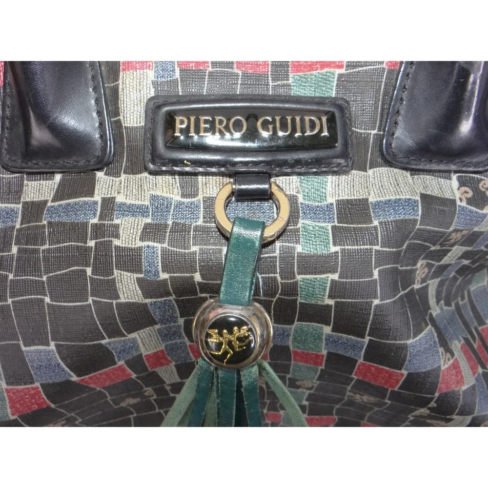Piero Guidi Magic Circus Satchel Handbag Black Multi Geometric Print Italy 4050